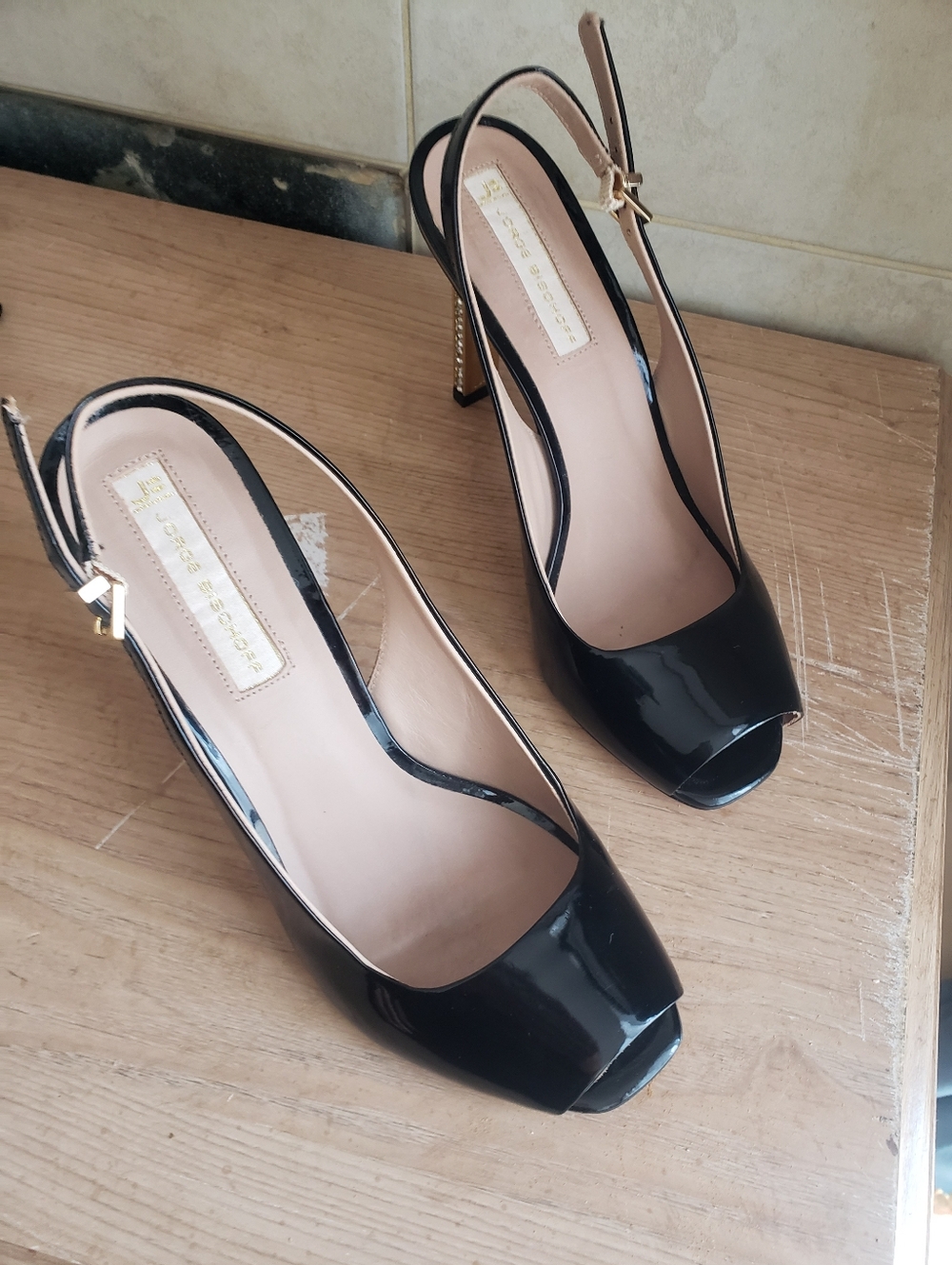 Black Patent Peep-Toe Slingback Heels - Designer Brand Made In Brazil